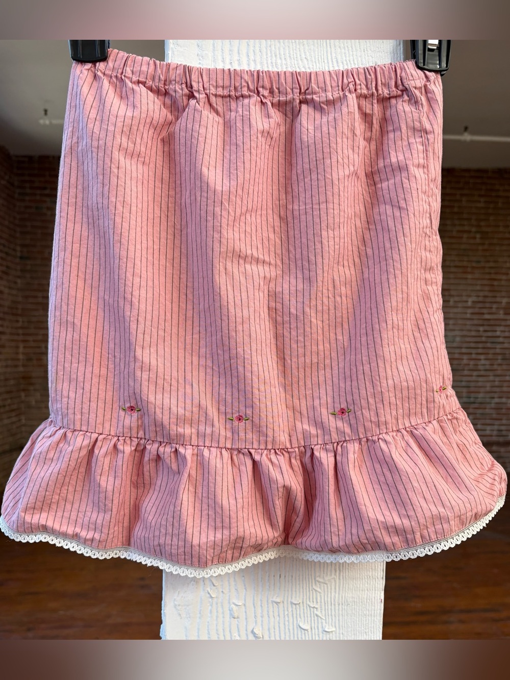 TEA COLLECTION Pink Pinstripe Rosebud Lace Skirt Embroidered Vintage Roses 5